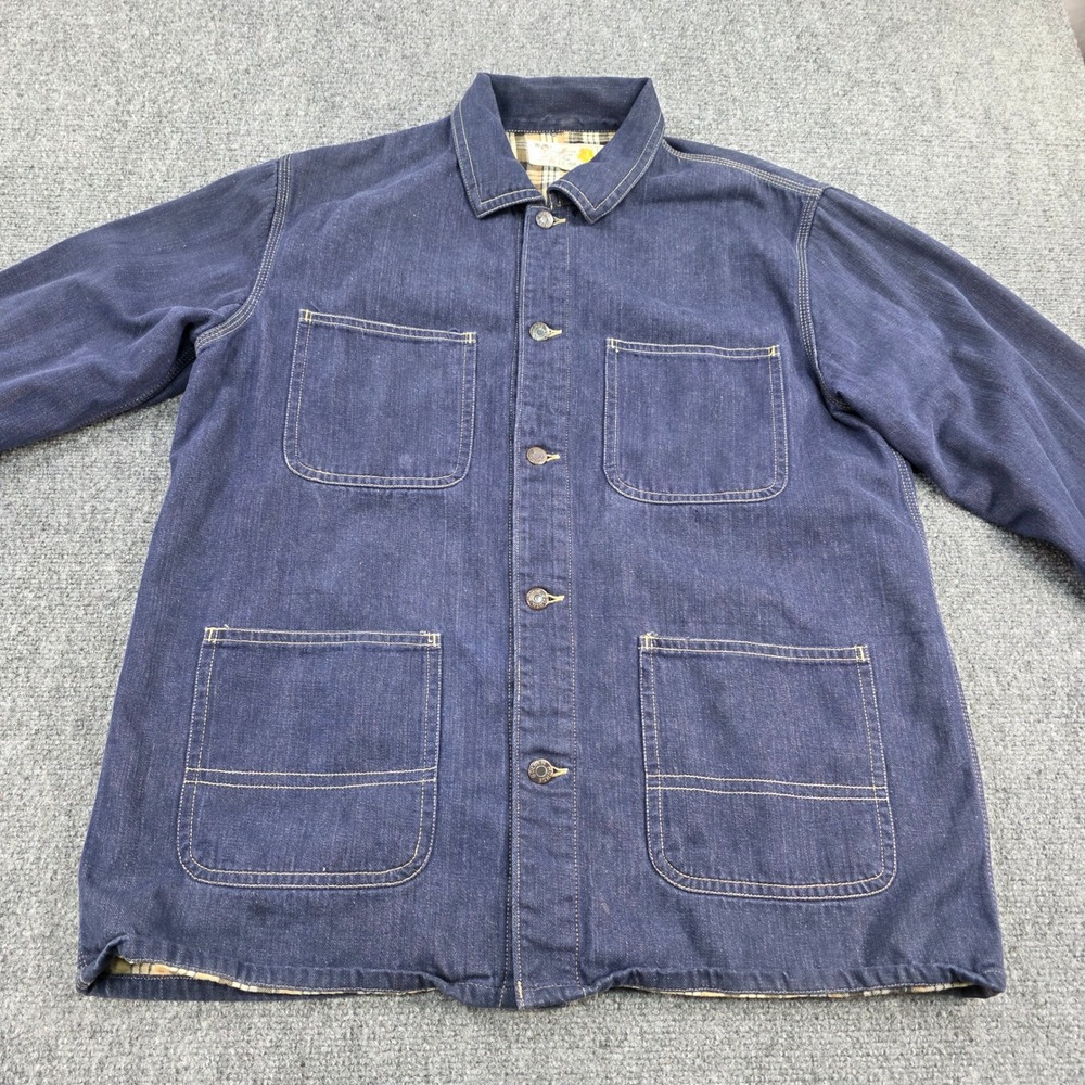 Vintage Golden‎ Horse Men Denim Chore Coat Plaid Lined Workwear Jacket Blue